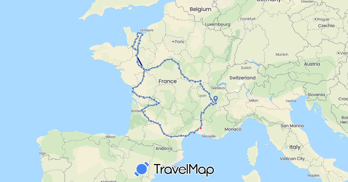 TravelMap itinerary: driving, cycling, hiking in France (Europe)