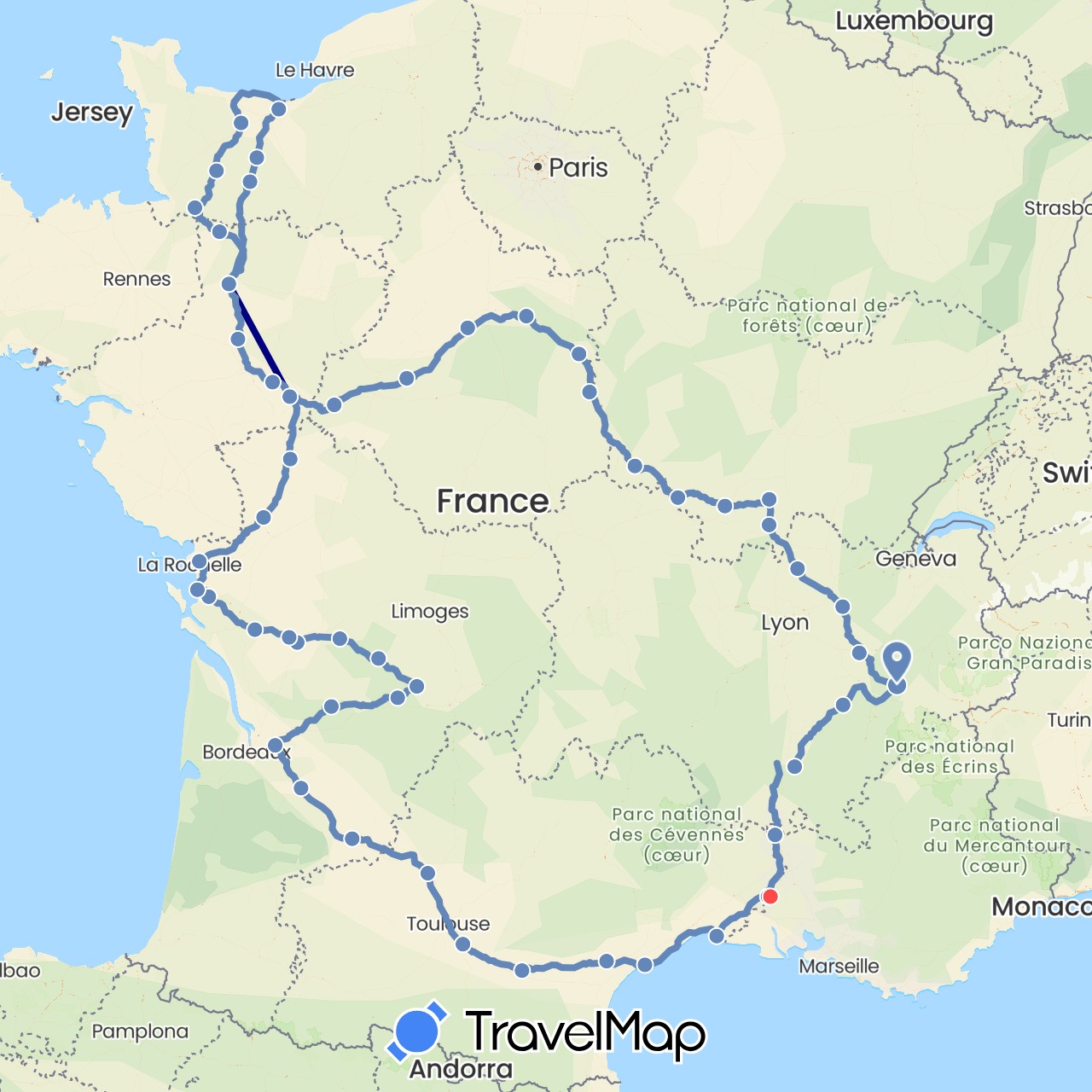 TravelMap itinerary: driving, cycling, hiking in France (Europe)