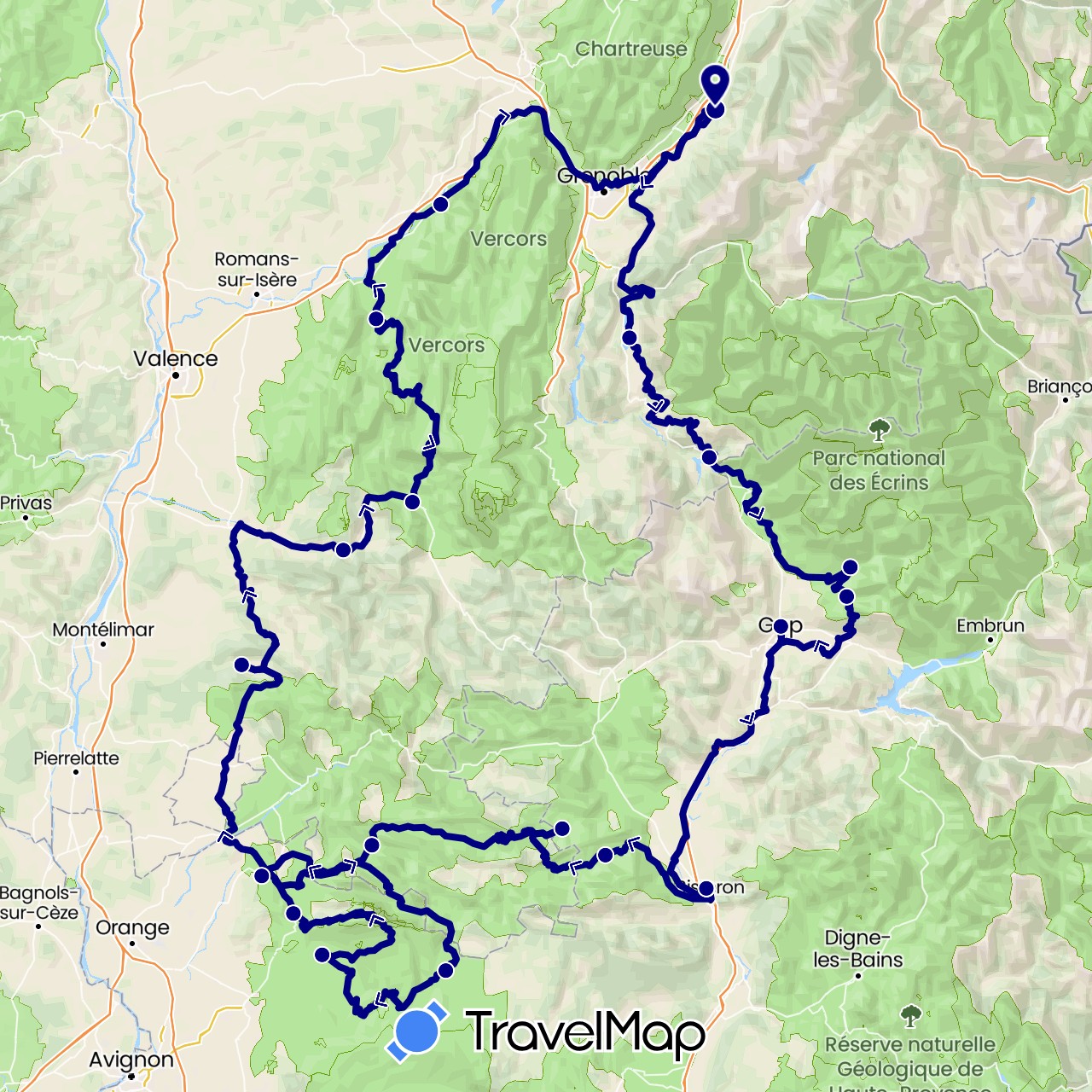 TravelMap itinerary: driving in France (Europe)
