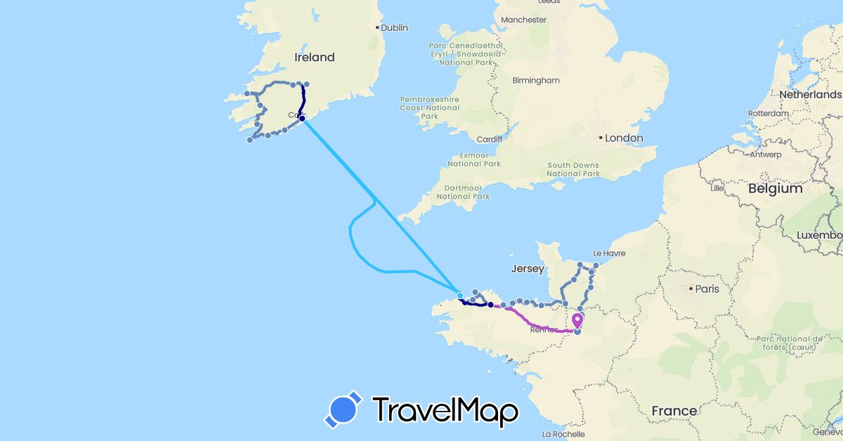 TravelMap itinerary: driving, cycling, train, boat in France, Ireland (Europe)