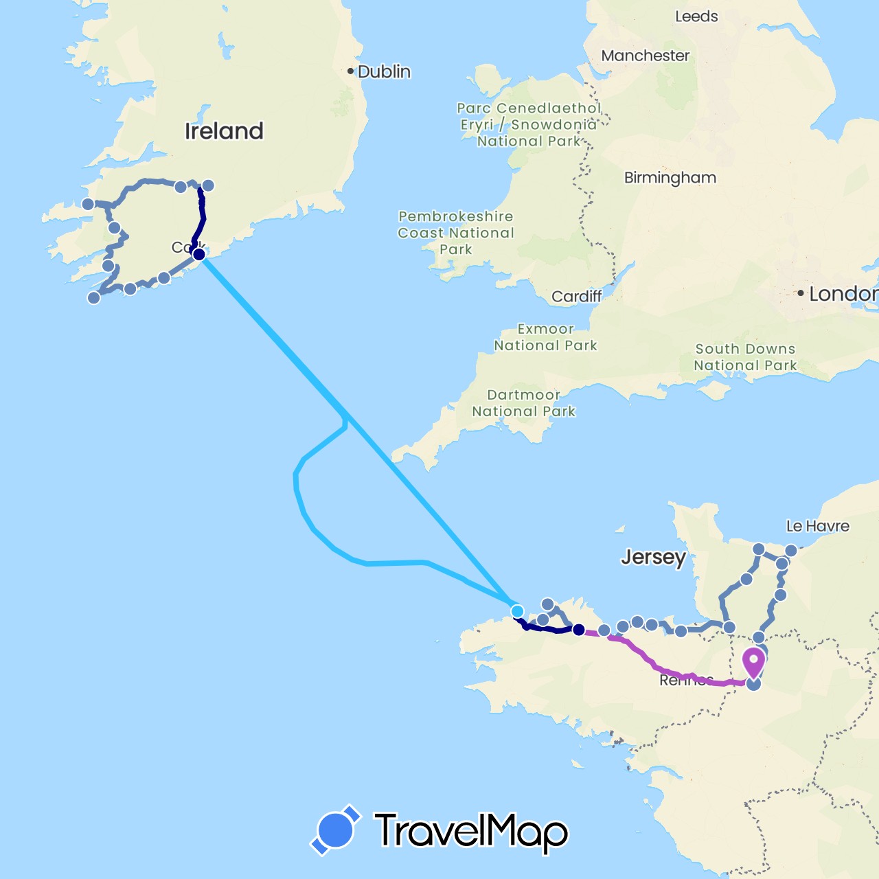 TravelMap itinerary: driving, cycling, train, boat in France, Ireland (Europe)