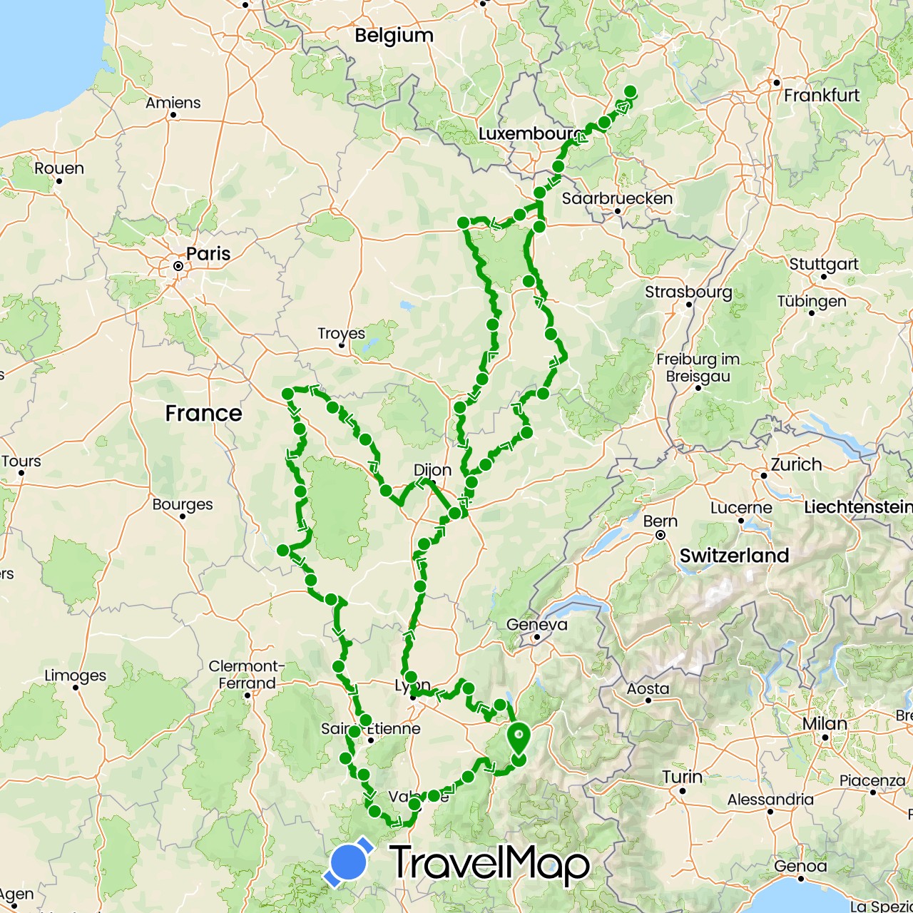 TravelMap itinerary: driving, vélo de voyage in Germany, France (Europe)