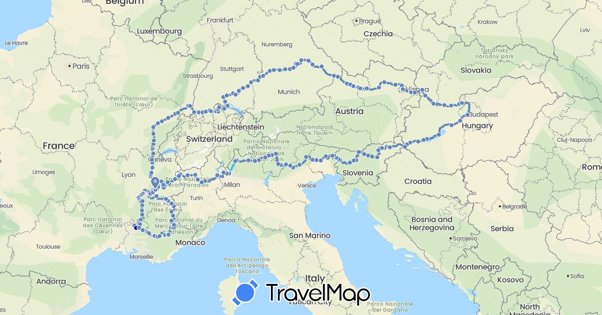 TravelMap itinerary: driving, cycling, boat in Austria, Switzerland, Germany, France, Hungary, Italy, Slovenia, Slovakia (Europe)