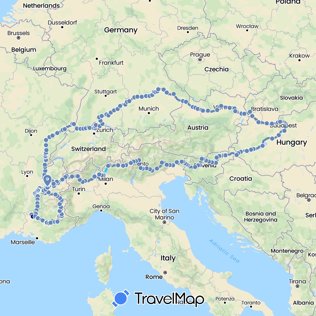 TravelMap itinerary: driving, cycling, boat in Austria, Switzerland, Germany, France, Hungary, Italy, Slovenia, Slovakia (Europe)