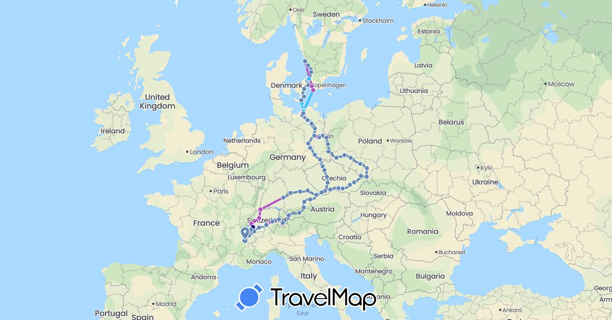 TravelMap itinerary: driving, cycling, train, boat in Austria, Switzerland, Czech Republic, Germany, Denmark, France, Poland, Sweden (Europe)